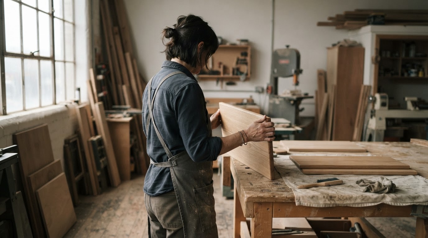 A small business owner checking finished wooden products
