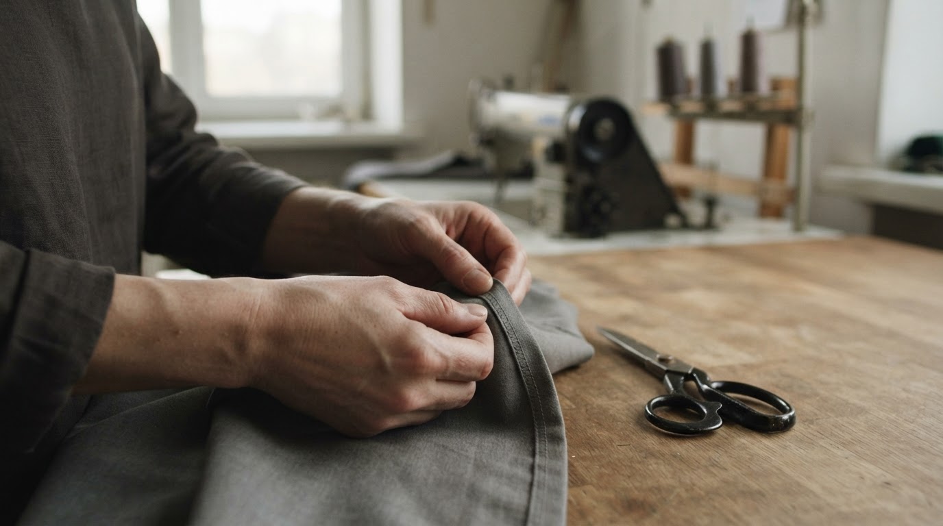 Hands checking a finished seam in a clothing workshop