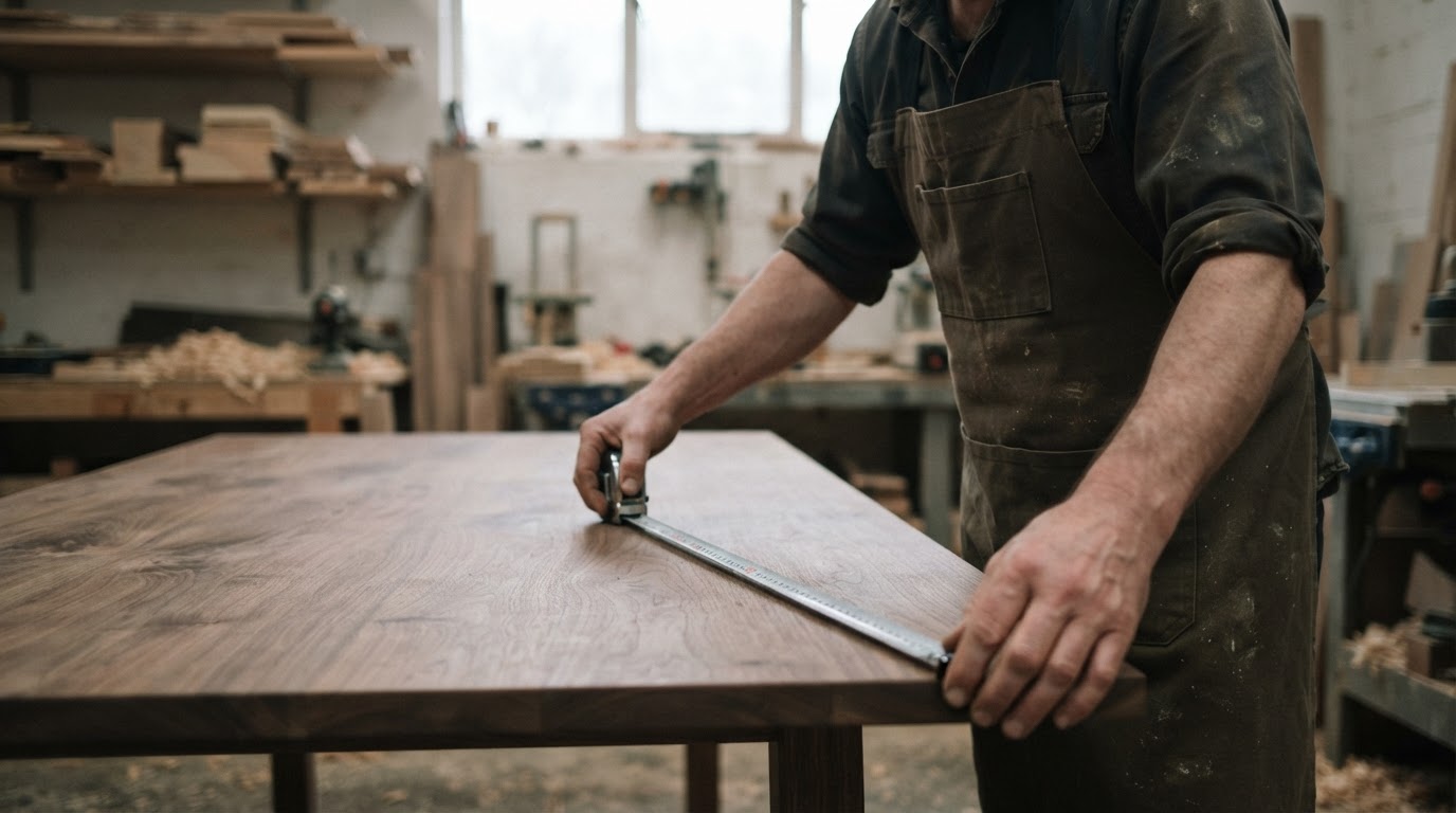Hands checking a dining table’s width in a workshop