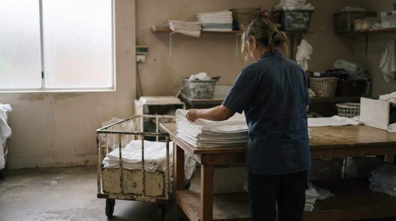 A worker straightening folded linens in a small laundry