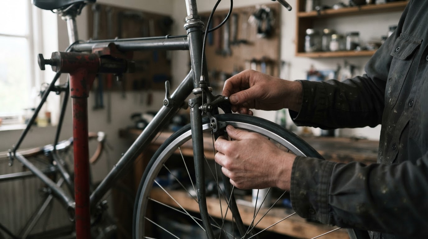Hands inspecting a bicycle brake in a repair workshop
