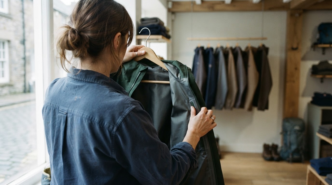 A worker examining a waterproof jacket’s seam