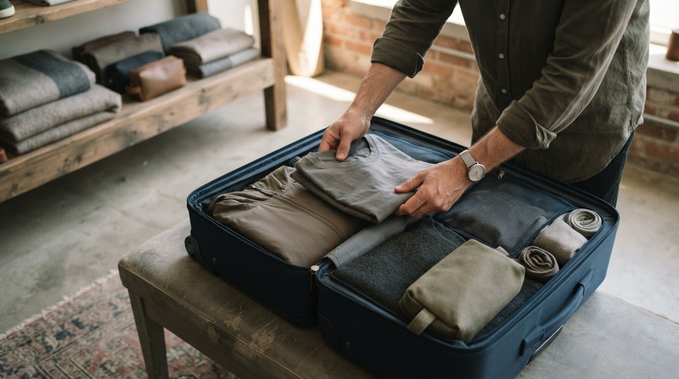 Shop worker arranging travel essentials inside an open suitcase