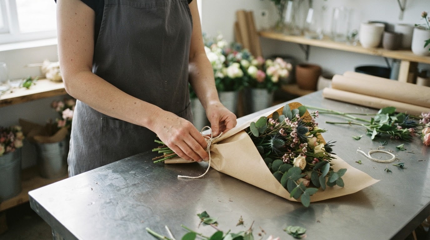 Florist’s hands securing a plain paper wrap around a bouquet