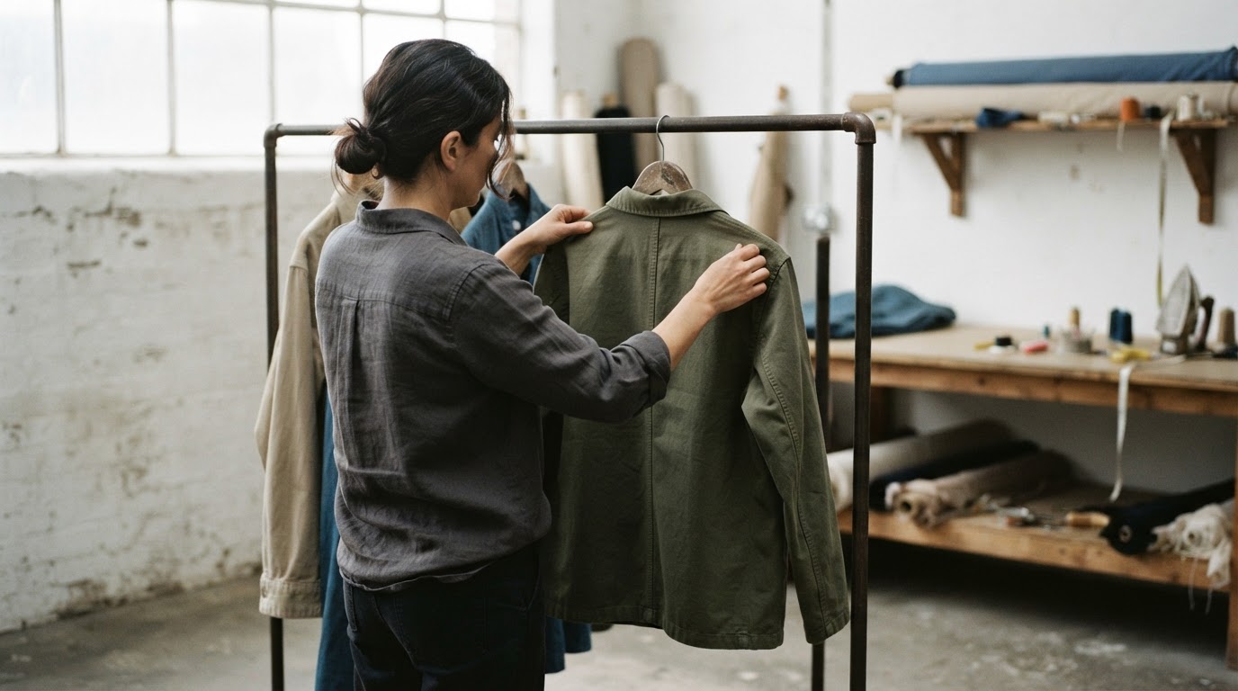 A shop worker checking the fit of a jacket on a hanger