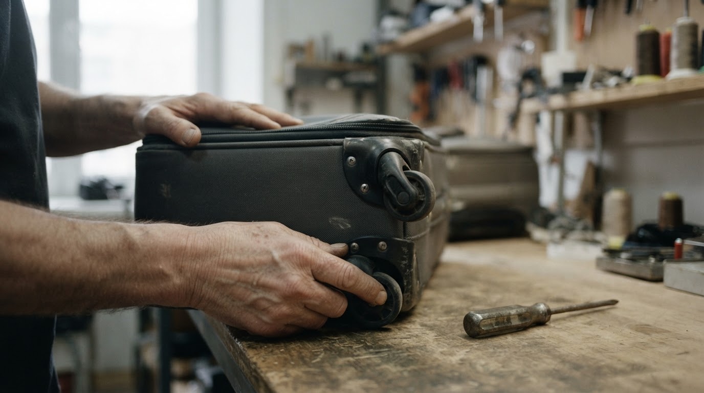 Hands checking a suitcase wheel assembly in a luggage repair workshop