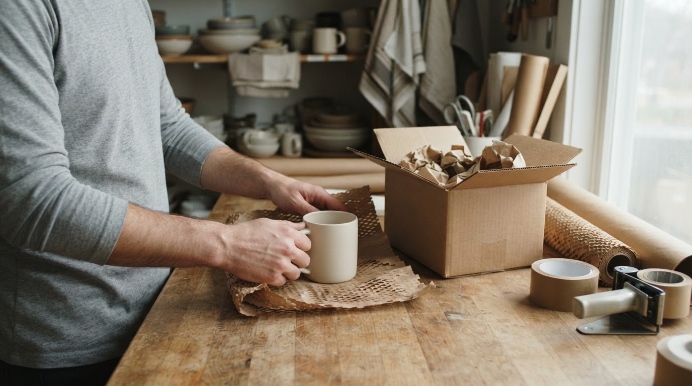 Hands wrapping a kitchenware order at a packing bench