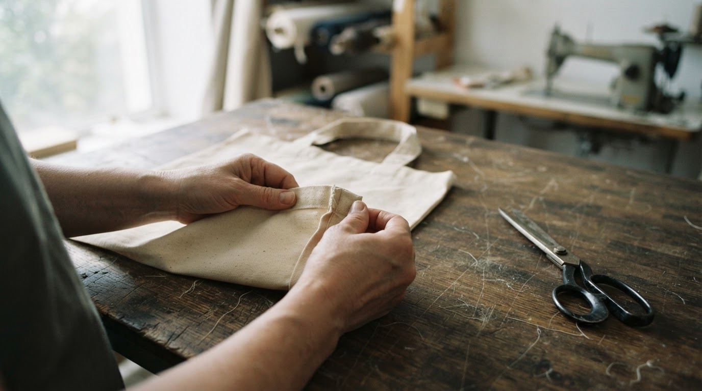 Hands inspecting the stitching of a plain canvas bag