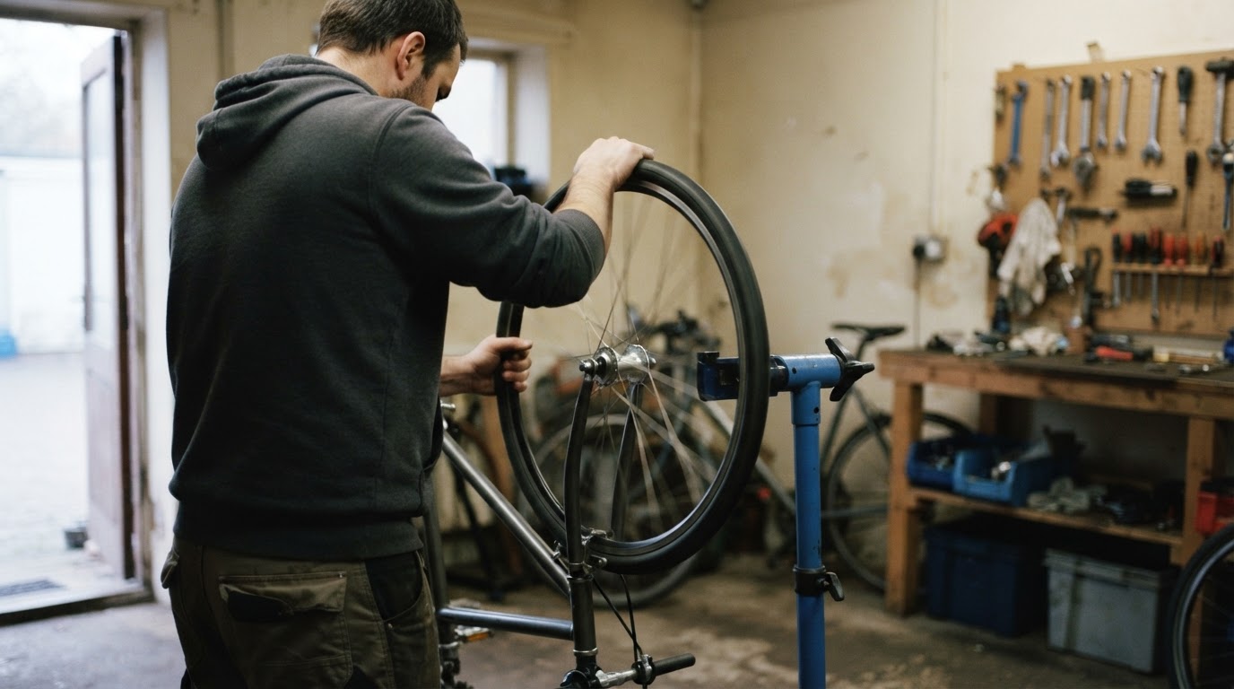 Bicycle mechanic checking a wheel in a small repair shop